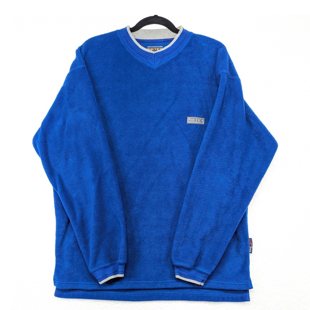 Nautica Marine Denim Co.‎ Blue Fleece V-Neck Pullover Gray Trim Casual